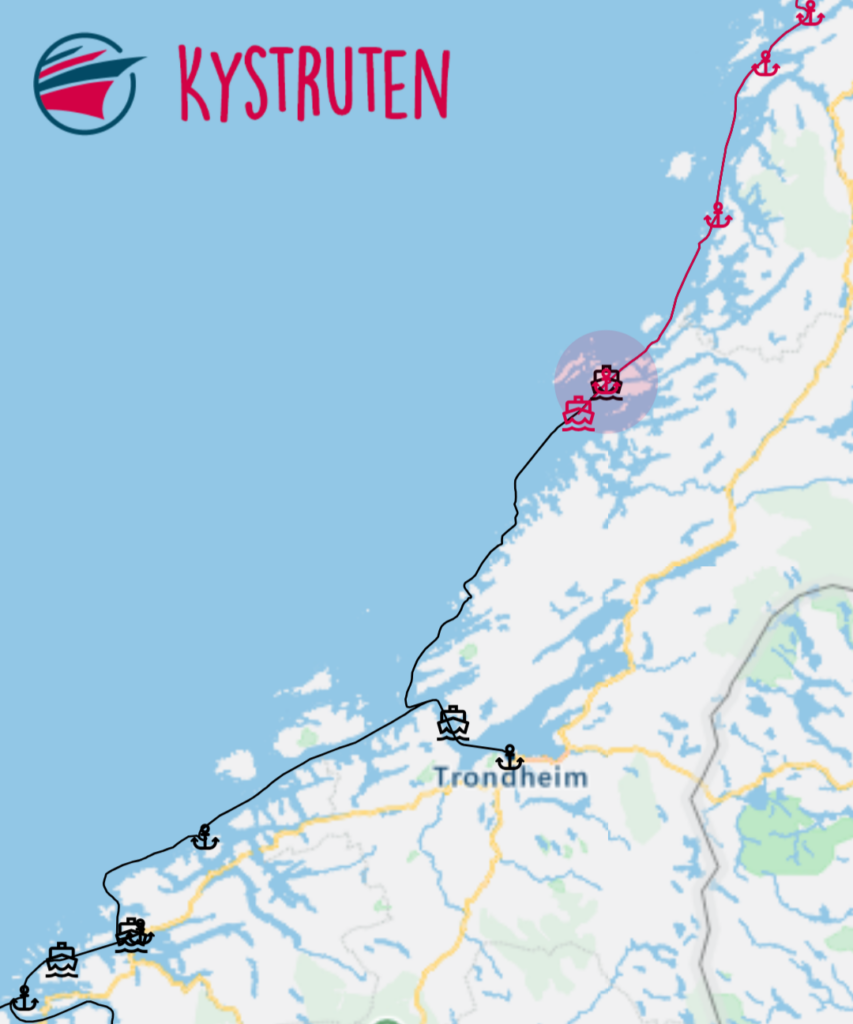 Ålesund  – Molde  – Kristiansund  – Trondheim  – Rørvik  – Brønnøysund  – Sandnessjøen  – Nesna